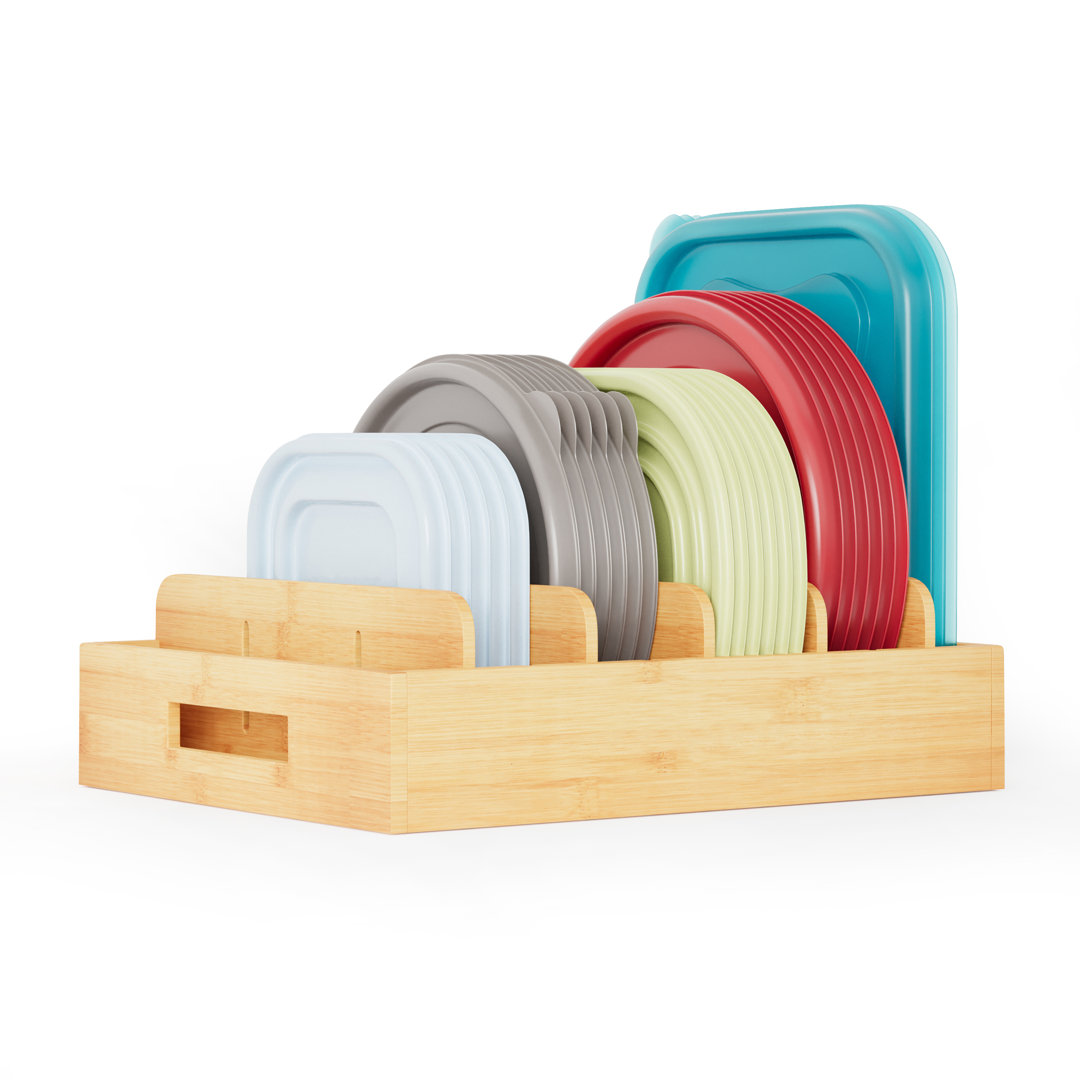 Bamboo Lid Organizer – Kitchen Pantry Lid Holder with 5 Adjustable Dividers for Cabinets, Food Storage Container Organization